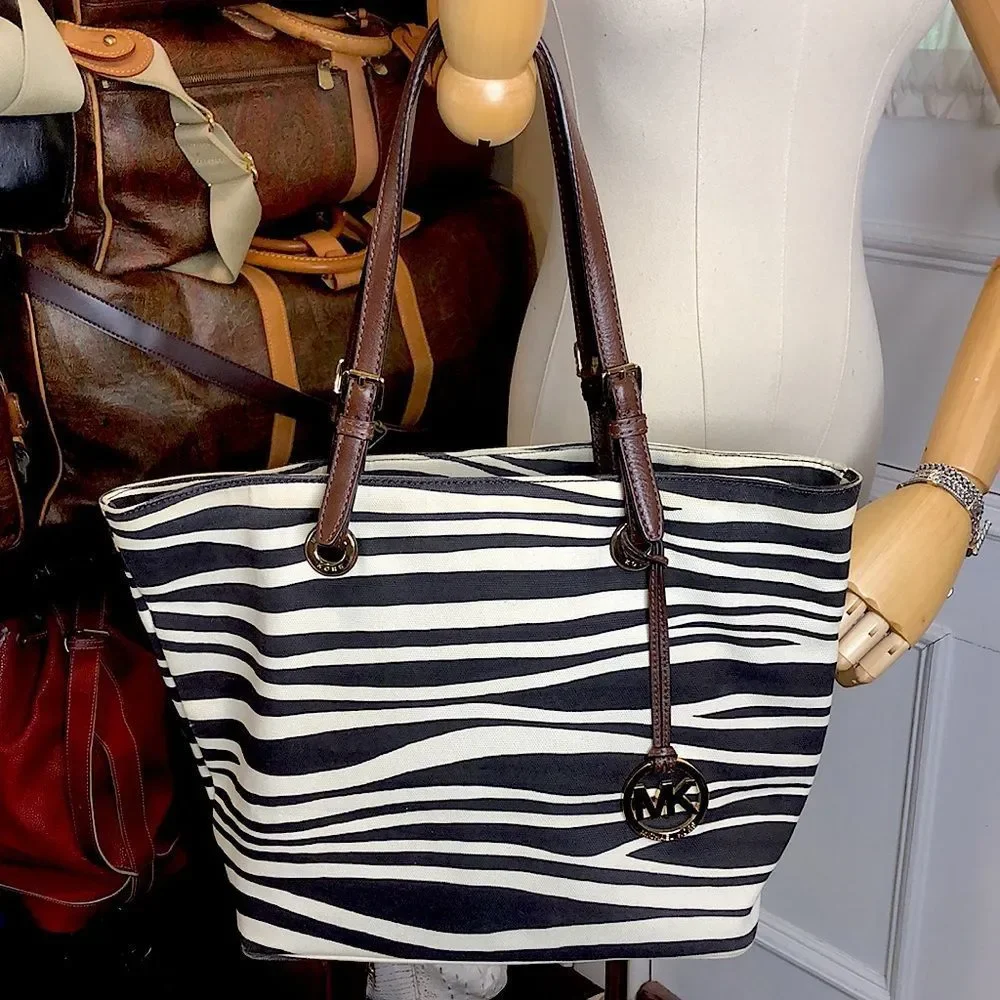 MICHAEL KORS Black Ivory Zebra Striped Shoulder Bag with Brown Leather Handles - Picture 12 of 16